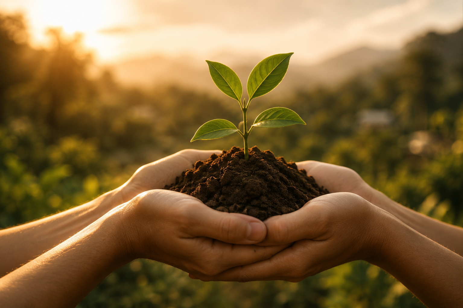 Hands holding soil with a young plant